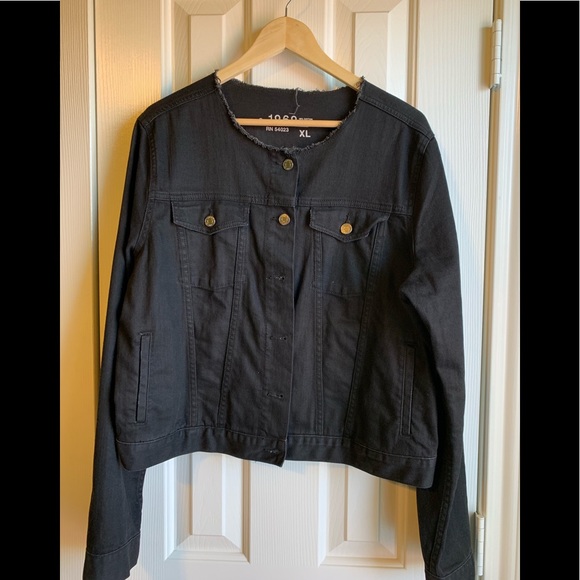 collarless black denim jacket